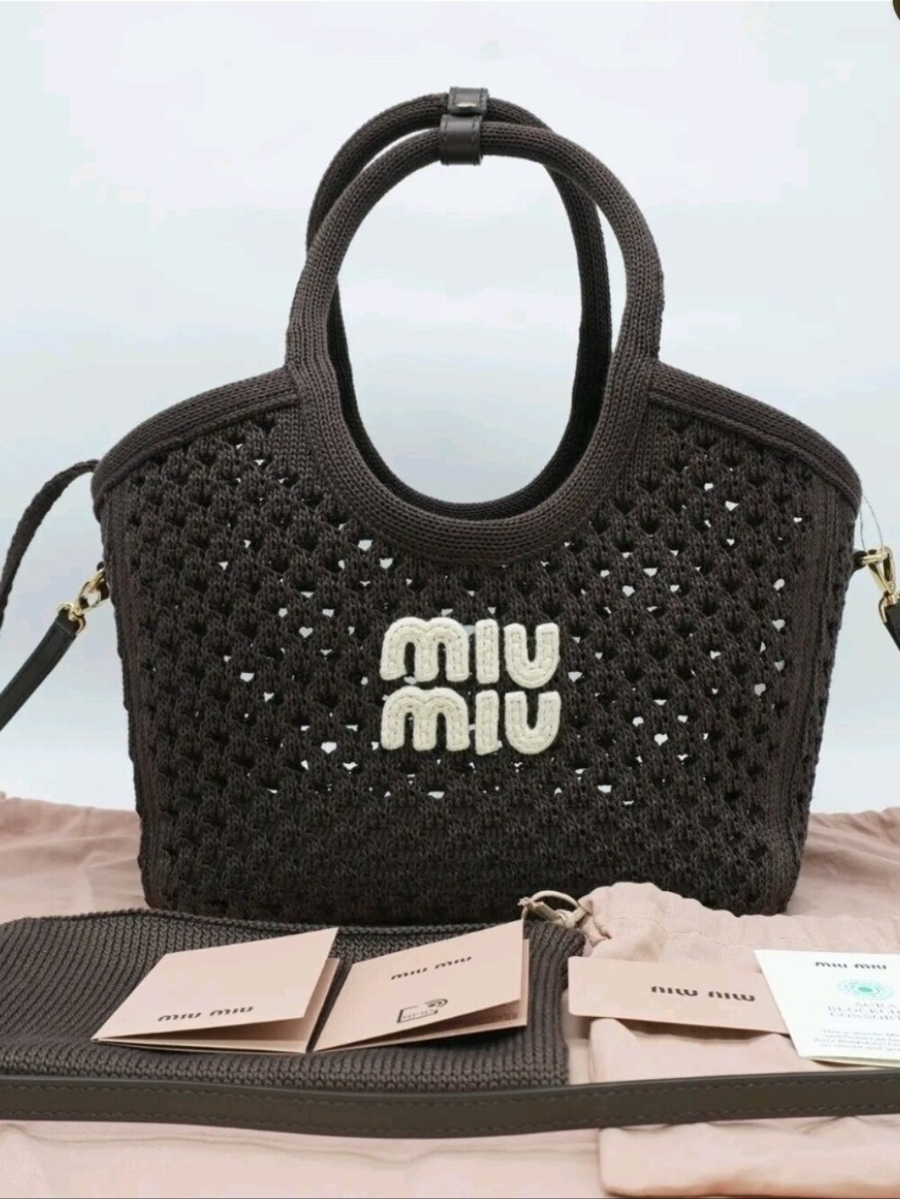 Miu Miu Ivy Cotton Brown Mesh Tote Bag